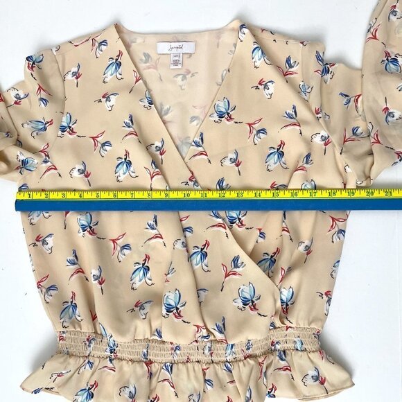 Scripted Women's Peach Blue floral print blouse Plunge Wrap Front Long Sleeves M - Picture 3 of 6